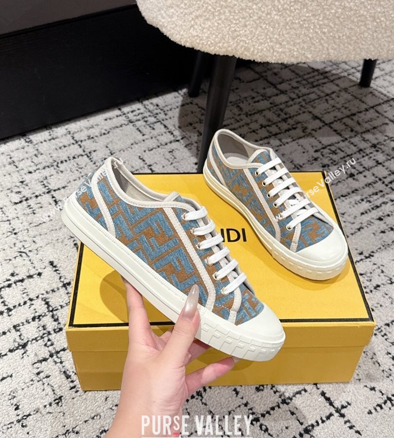 Fendi Domino Low top sneakers in FF Fabric Light Blue/Brown 2025 (HQG-250710072)