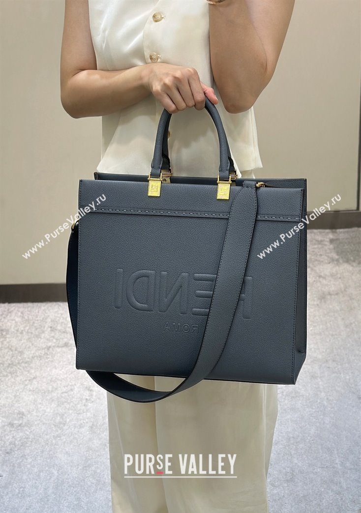 Fendi Sunshine Medium Tote Bag in Grained Leather 8636 Blue 2025 (CL-250807040)