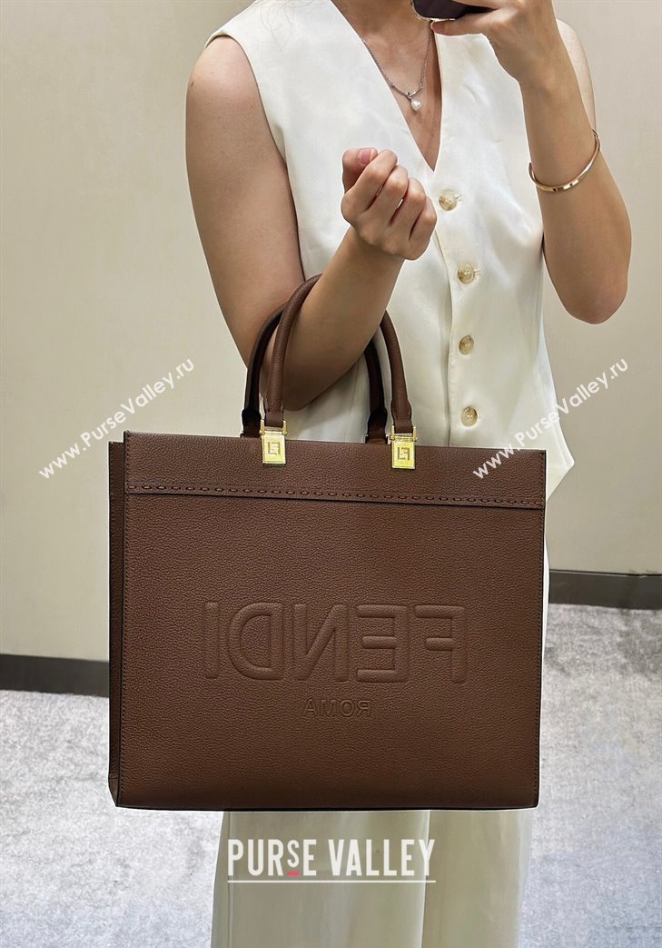 Fendi Sunshine Medium Tote Bag in Grained Leather 8636 Brown 2025 (CL-250807041)