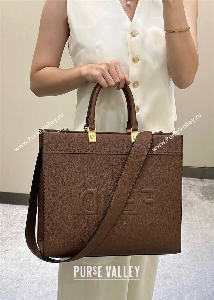 Fendi Sunshine Medium Tote Bag in Grained Leather 8636 Brown 2025 (CL-250807041)