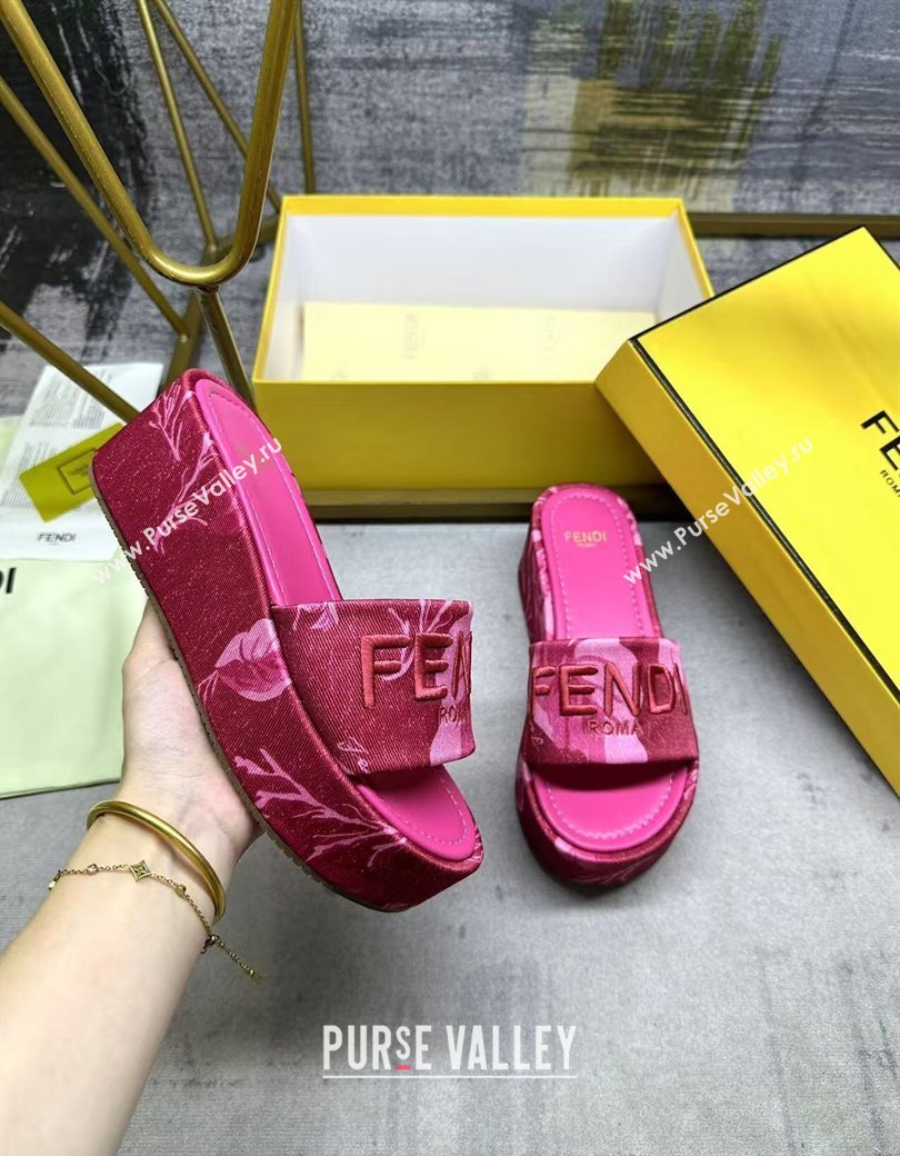 Fendi Sunshine Platform Slides Sandal 6cm in Printed Canvas Dark Pink 2025 0822 (MD-250822121)