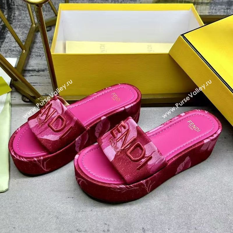 Fendi Sunshine Platform Slides Sandal 6cm in Printed Canvas Dark Pink 2025 0822 (MD-250822121)