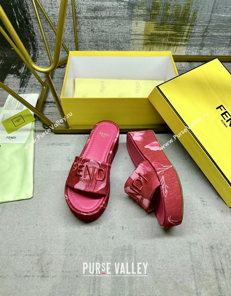 Fendi Sunshine Platform Slides Sandal 6cm in Printed Canvas Dark Pink 2025 0822 (MD-250822121)
