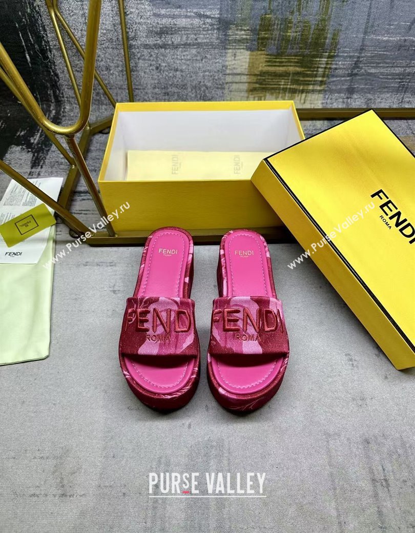 Fendi Sunshine Platform Slides Sandal 6cm in Printed Canvas Dark Pink 2025 0822 (MD-250822121)