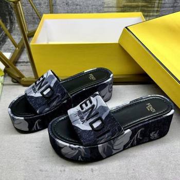 Fendi Sunshine Platform Slides Sandal 6cm in Printed Canvas Black 2025 0822 (MD-250822122)