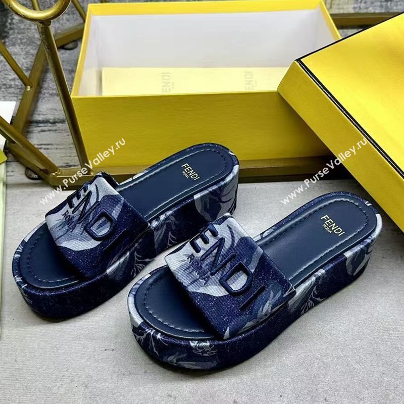Fendi Sunshine Platform Slides Sandal 6cm in Printed Canvas Dark Blue 2025 0822 (MD-250822123)
