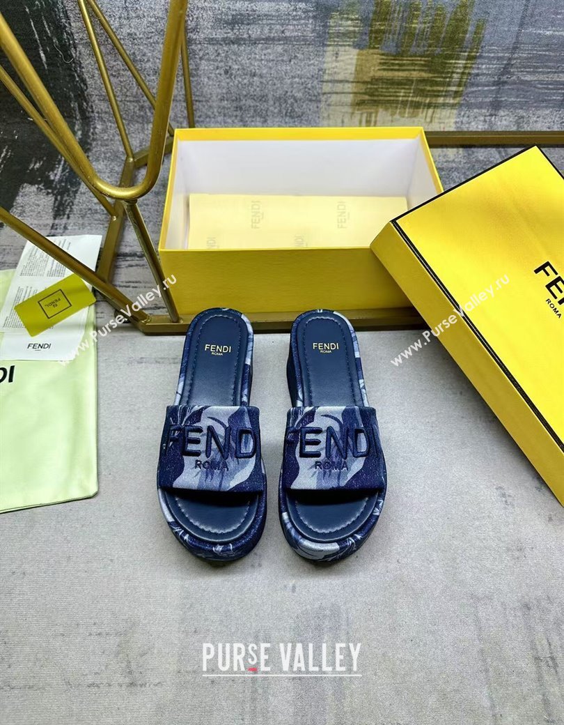Fendi Sunshine Platform Slides Sandal 6cm in Printed Canvas Dark Blue 2025 0822 (MD-250822123)