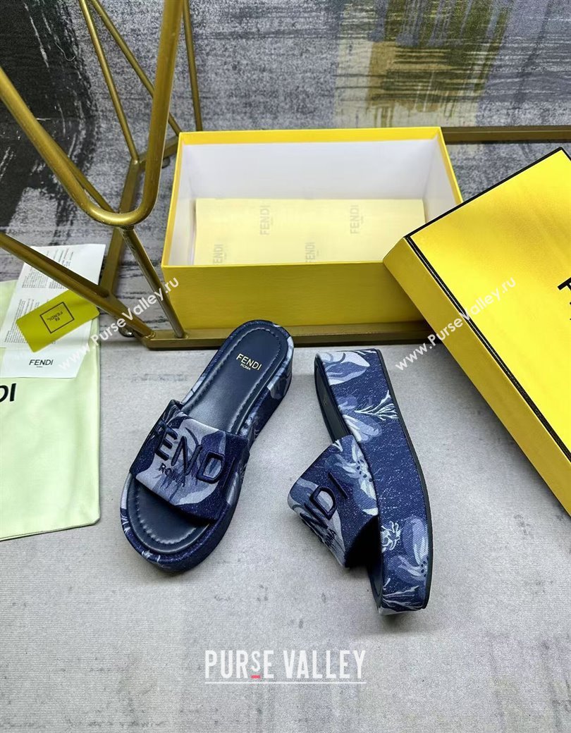 Fendi Sunshine Platform Slides Sandal 6cm in Printed Canvas Dark Blue 2025 0822 (MD-250822123)