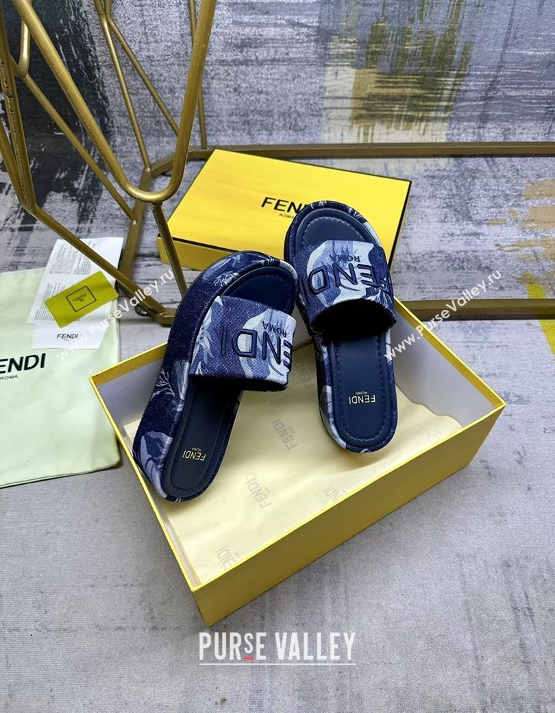 Fendi Sunshine Platform Slides Sandal 6cm in Printed Canvas Dark Blue 2025 0822 (MD-250822123)