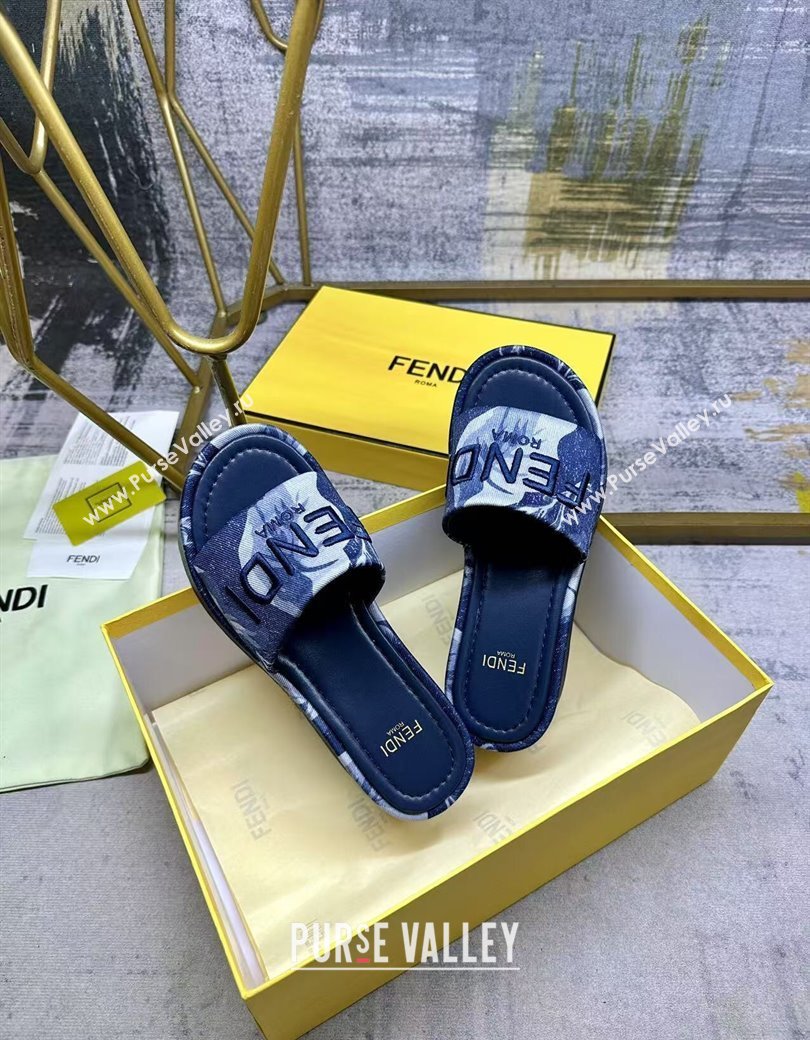 Fendi Sunshine Platform Slides Sandal 6cm in Printed Canvas Dark Blue 2025 0822 (MD-250822123)