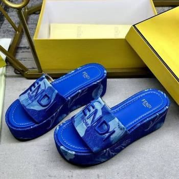 Fendi Sunshine Platform Slides Sandal 6cm in Printed Canvas Sky Blue 2025 0822 (MD-250822124)