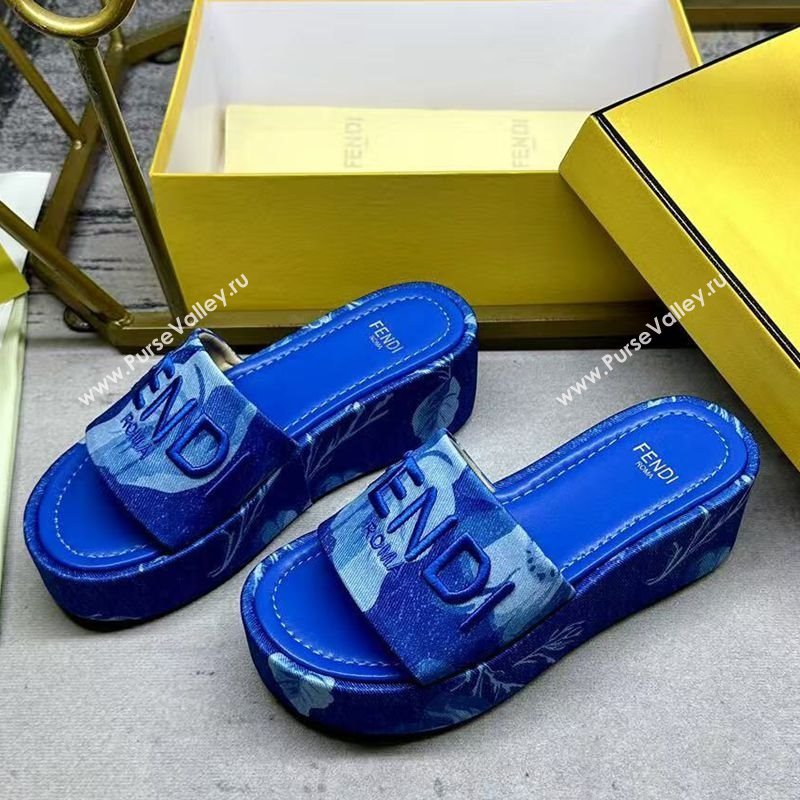 Fendi Sunshine Platform Slides Sandal 6cm in Printed Canvas Sky Blue 2025 0822 (MD-250822124)