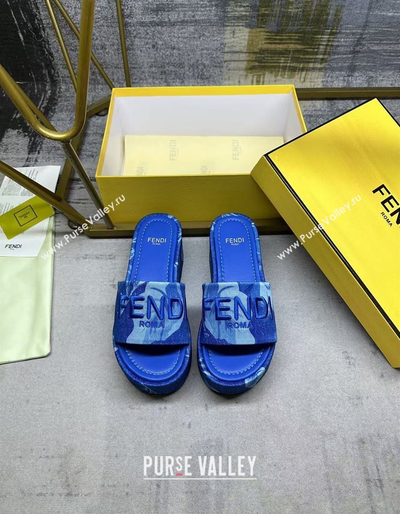 Fendi Sunshine Platform Slides Sandal 6cm in Printed Canvas Sky Blue 2025 0822 (MD-250822124)