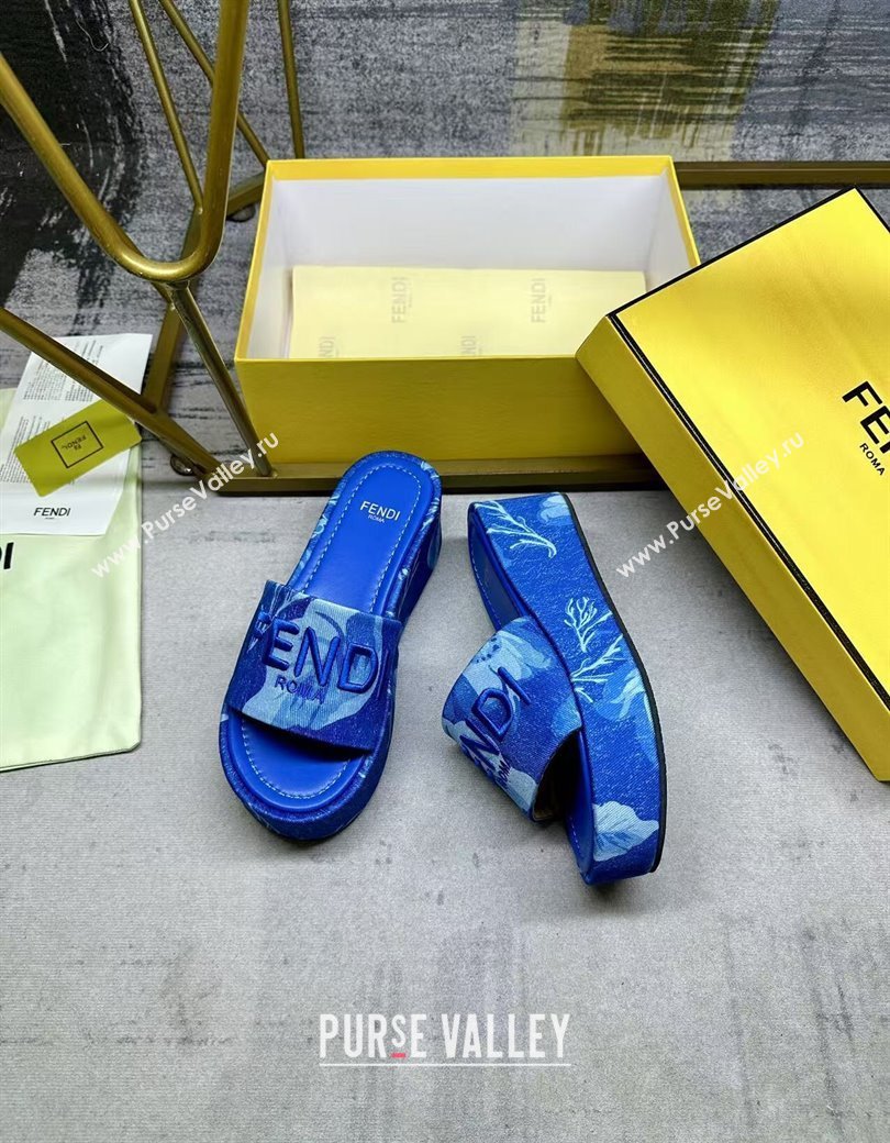 Fendi Sunshine Platform Slides Sandal 6cm in Printed Canvas Sky Blue 2025 0822 (MD-250822124)