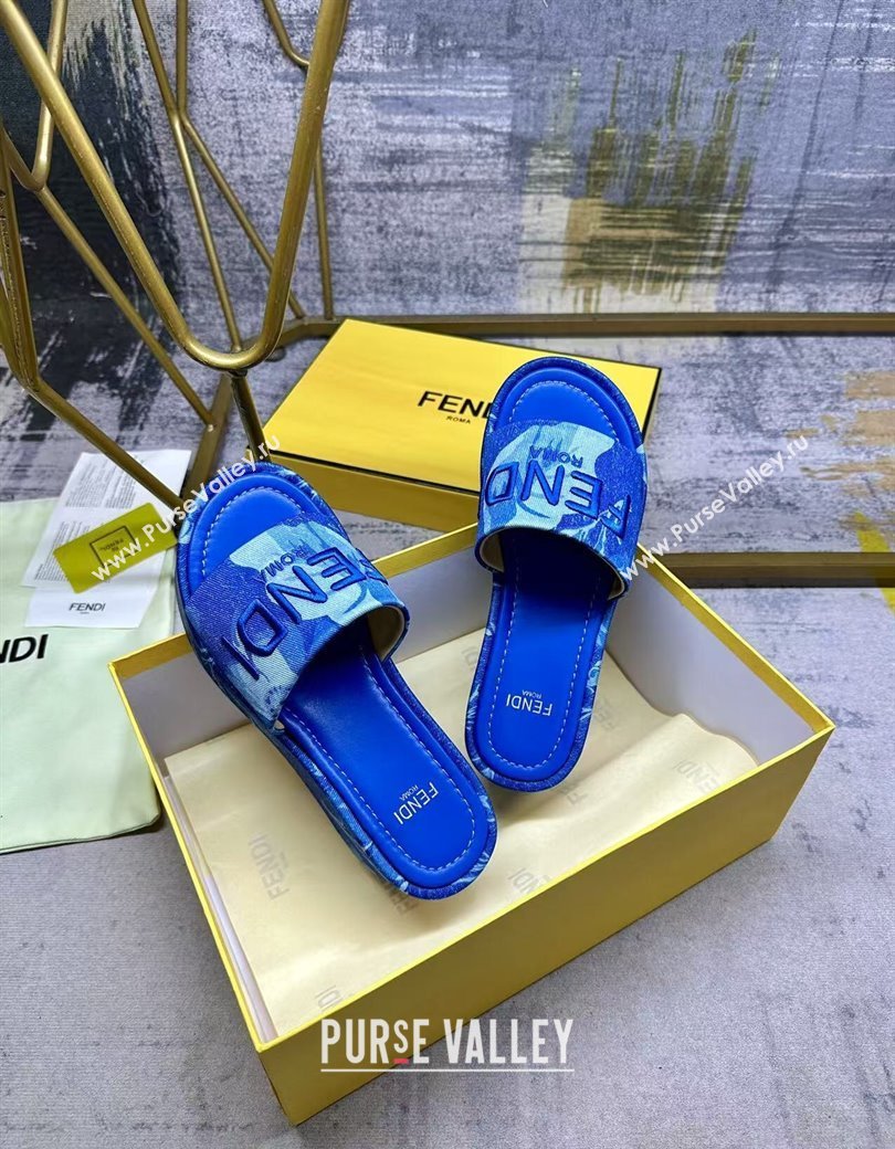 Fendi Sunshine Platform Slides Sandal 6cm in Printed Canvas Sky Blue 2025 0822 (MD-250822124)