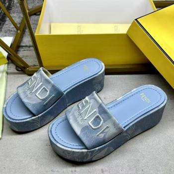 Fendi Sunshine Platform Slides Sandal 6cm in Printed Canvas Light Blue 2025 0822 (MD-250822125)