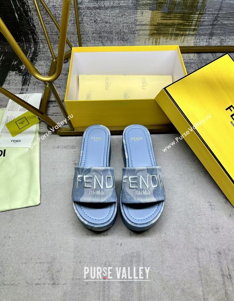 Fendi Sunshine Platform Slides Sandal 6cm in Printed Canvas Light Blue 2025 0822 (MD-250822125)