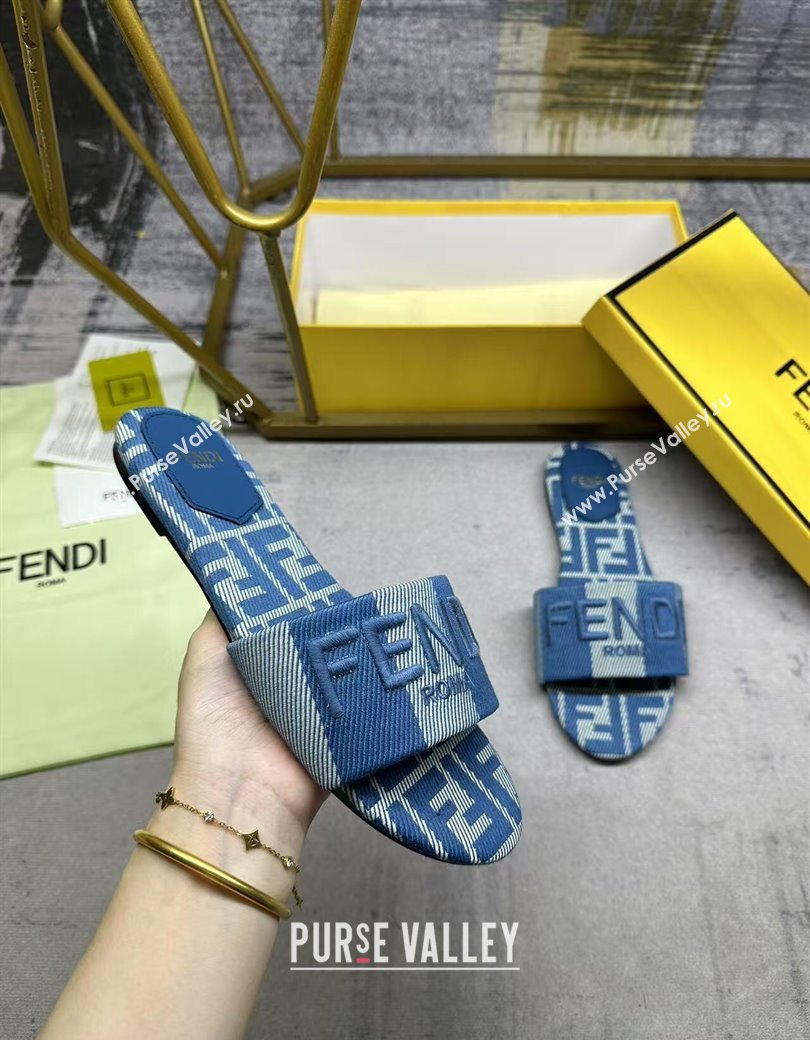 Fendi Sunshine Flat Slides Sandal in Striped Denim-effect Jacquard Blue 2025 (MD-250822129)