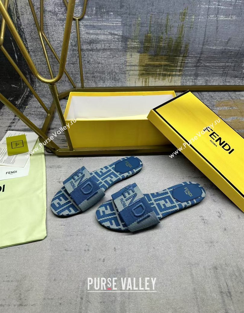 Fendi Sunshine Flat Slides Sandal in Striped Denim-effect Jacquard Blue 2025 (MD-250822129)