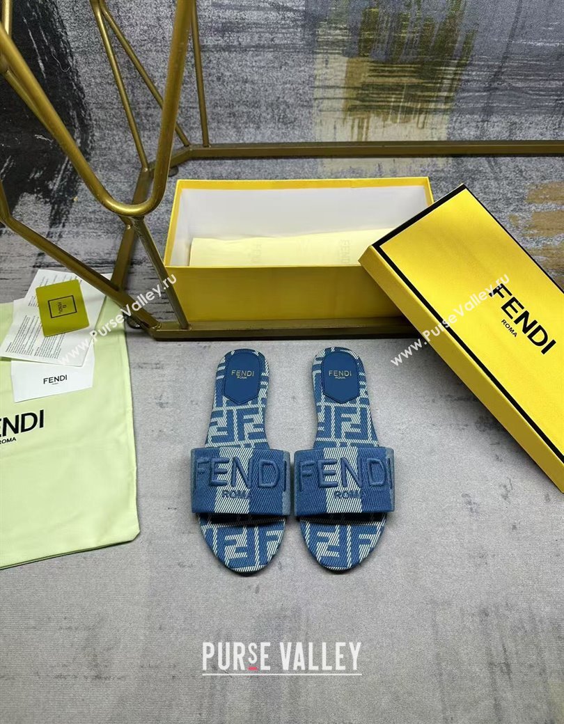 Fendi Sunshine Flat Slides Sandal in Striped Denim-effect Jacquard Blue 2025 (MD-250822129)