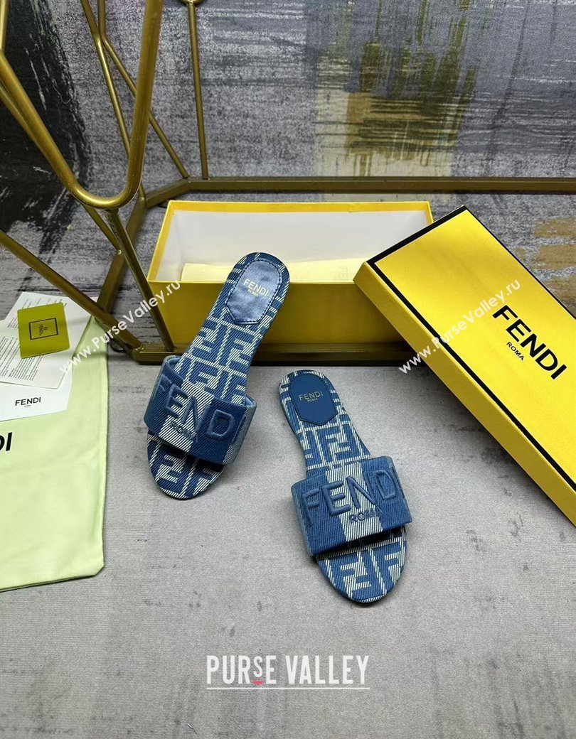 Fendi Sunshine Flat Slides Sandal in Striped Denim-effect Jacquard Blue 2025 (MD-250822129)