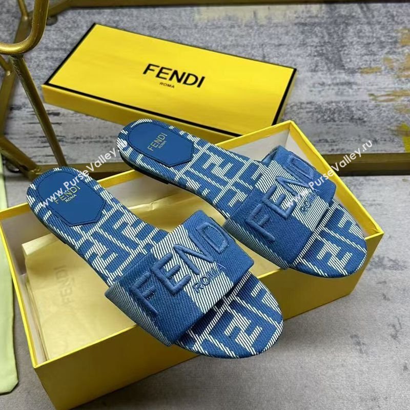 Fendi Sunshine Flat Slides Sandal in Striped Denim-effect Jacquard Blue 2025 (MD-250822129)