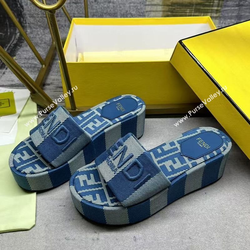 Fendi Sunshine Platform Slides Sandal 6cm in Striped Denim-effect Jacquard Blue 2025 (MD-250822127)