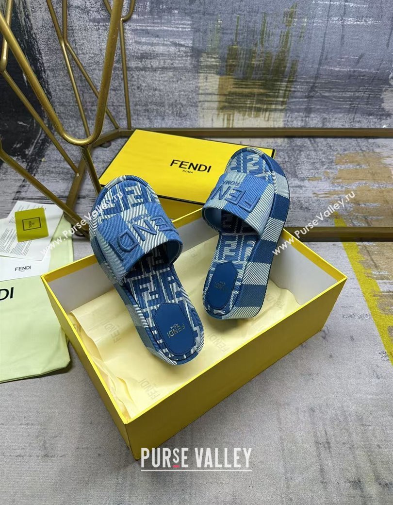 Fendi Sunshine Platform Slides Sandal 6cm in Striped Denim-effect Jacquard Blue 2025 (MD-250822127)