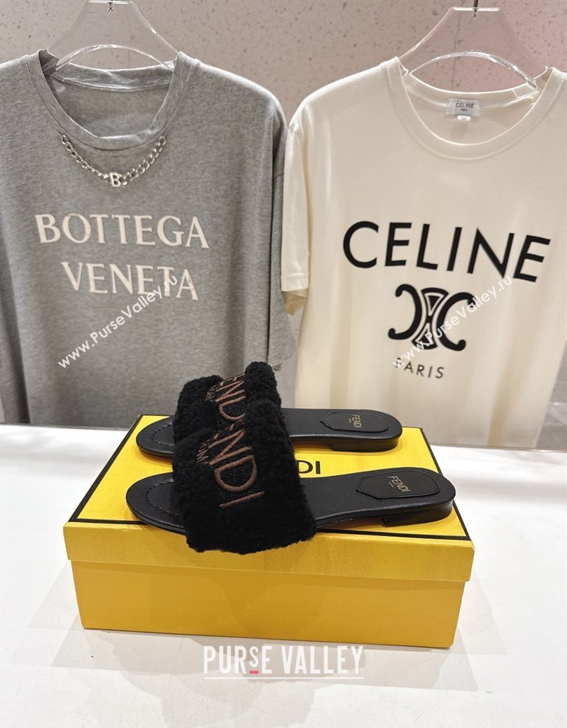 Fendi Shearling Flat Slides Sandal Black 2025 FE0822 (MD-250822131)