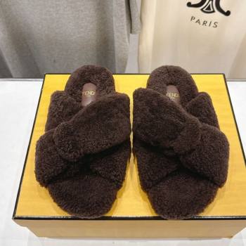 Fendi Feel Shearling Flat Slides Sandal Dark Brown 2025 FE0821 (MD-250822135)