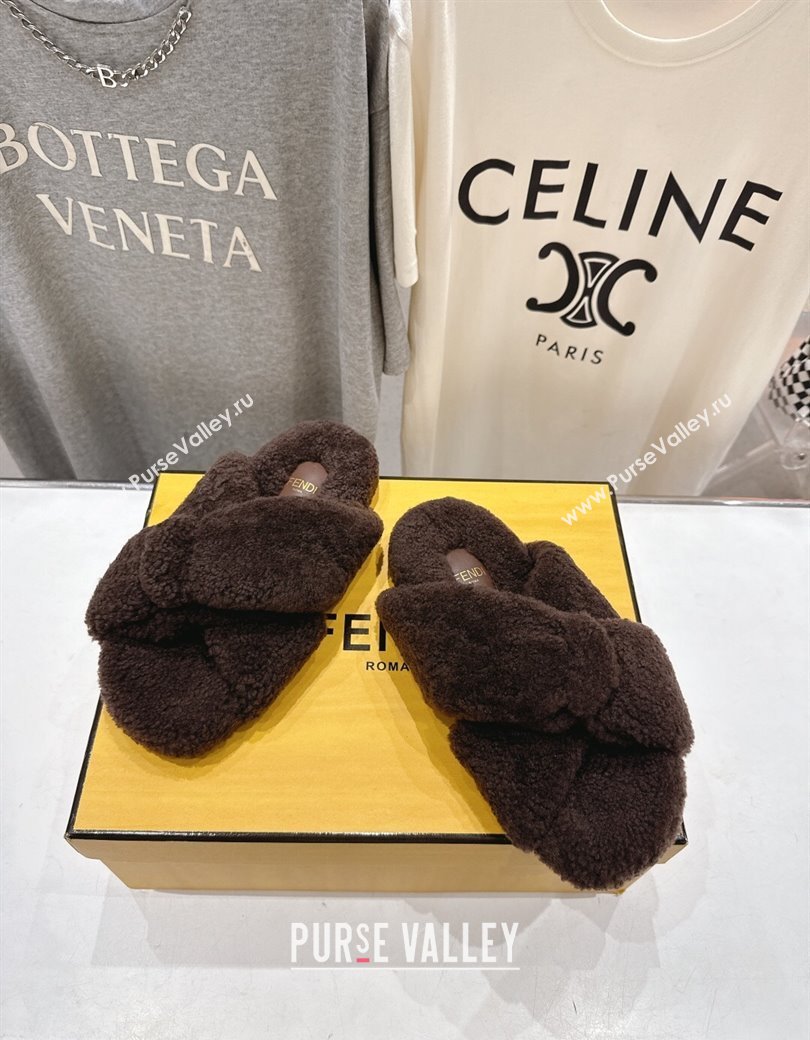 Fendi Feel Shearling Flat Slides Sandal Dark Brown 2025 FE0821 (MD-250822135)