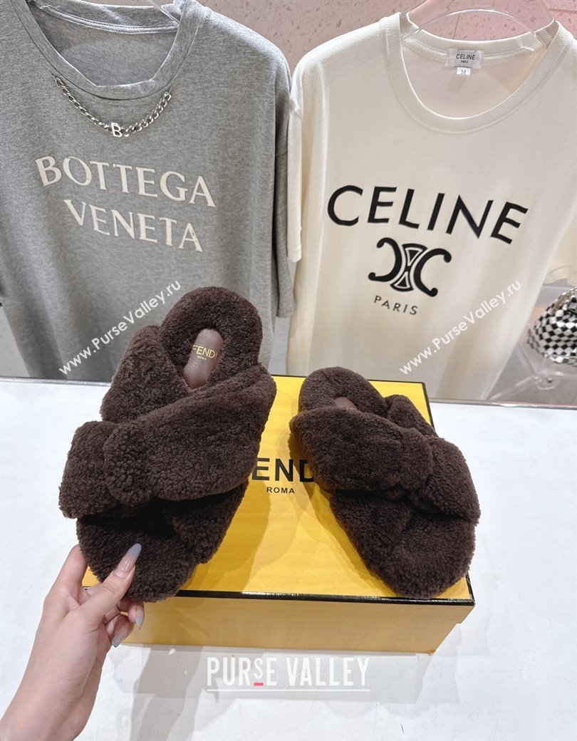 Fendi Feel Shearling Flat Slides Sandal Dark Brown 2025 FE0821 (MD-250822135)