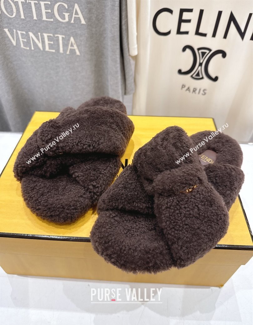 Fendi Feel Shearling Flat Slides Sandal Dark Brown 2025 FE0821 (MD-250822135)