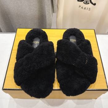 Fendi Feel Shearling Flat Slides Sandal Black 2025 FE0821 (MD-250822137)