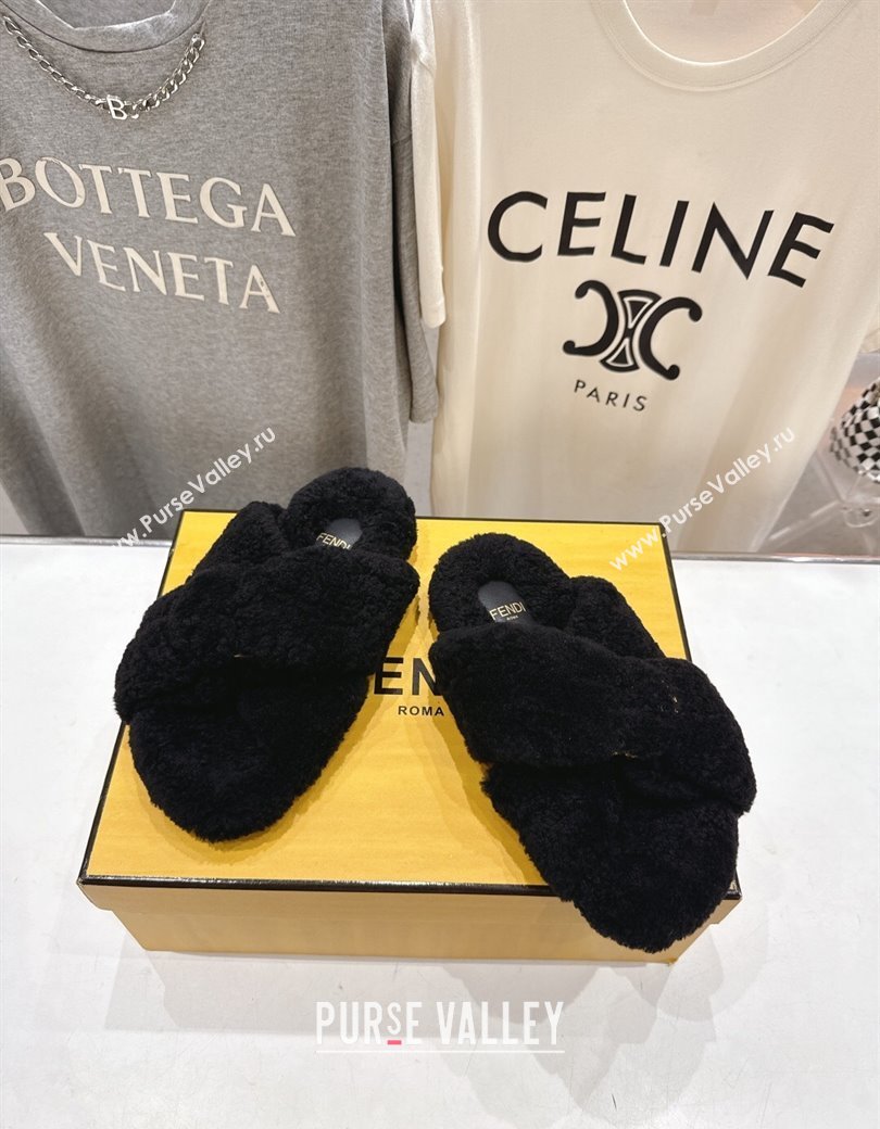 Fendi Feel Shearling Flat Slides Sandal Black 2025 FE0821 (MD-250822137)