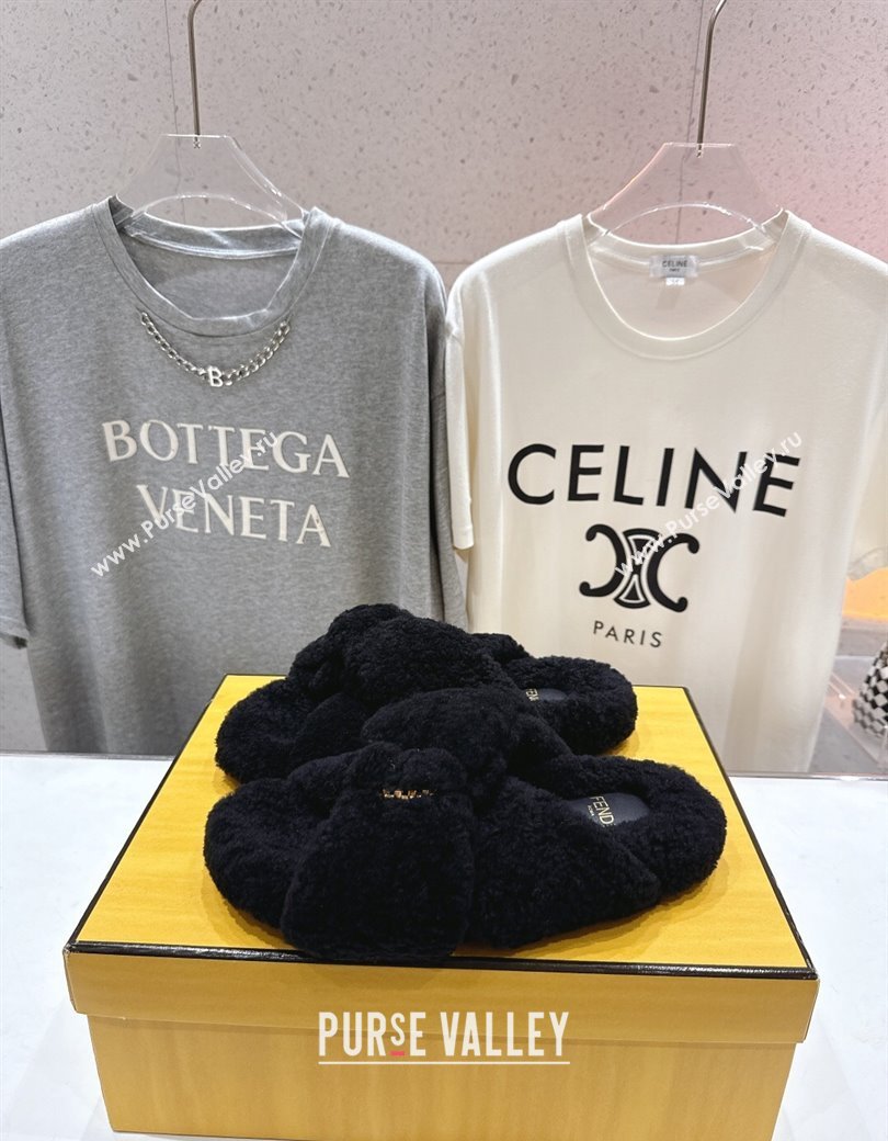 Fendi Feel Shearling Flat Slides Sandal Black 2025 FE0821 (MD-250822137)