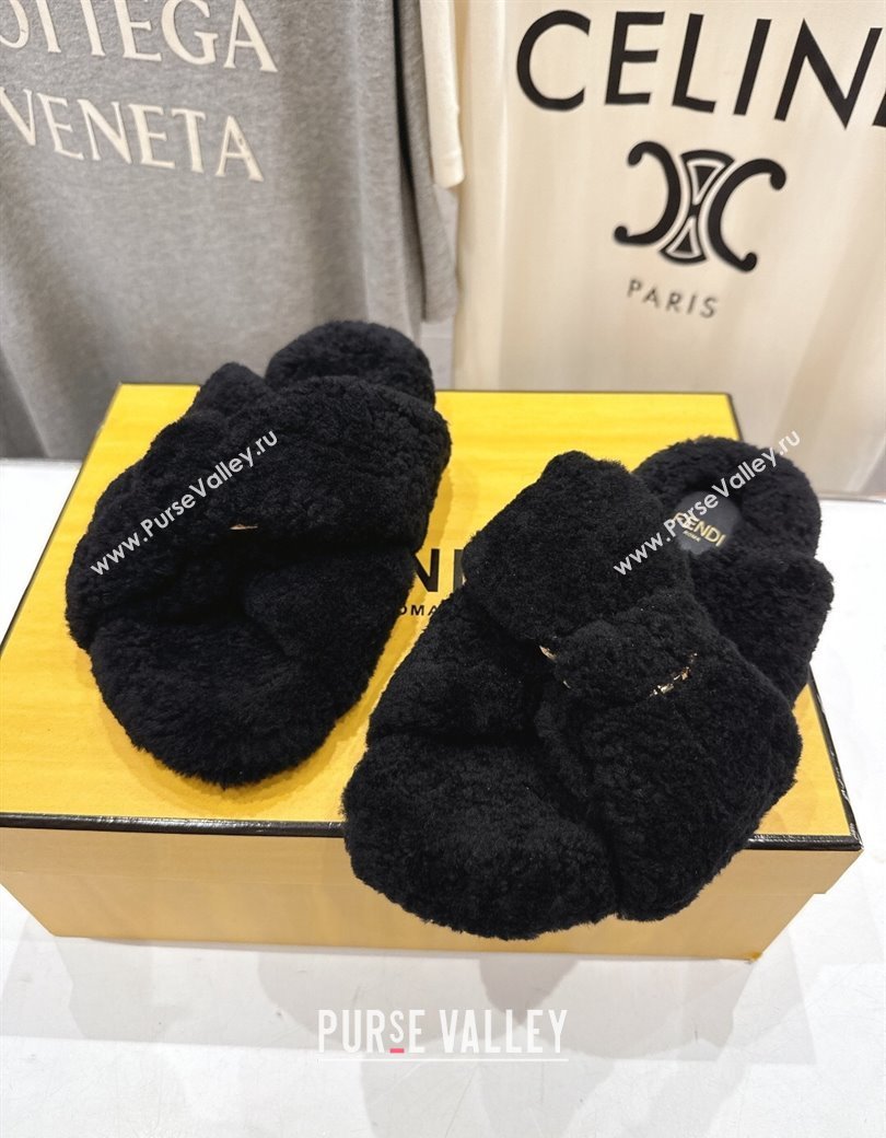 Fendi Feel Shearling Flat Slides Sandal Black 2025 FE0821 (MD-250822137)