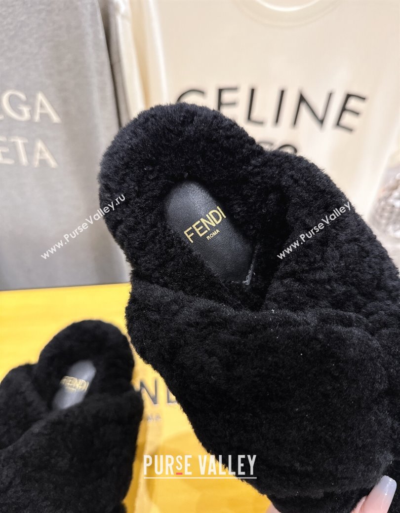 Fendi Feel Shearling Flat Slides Sandal Black 2025 FE0821 (MD-250822137)