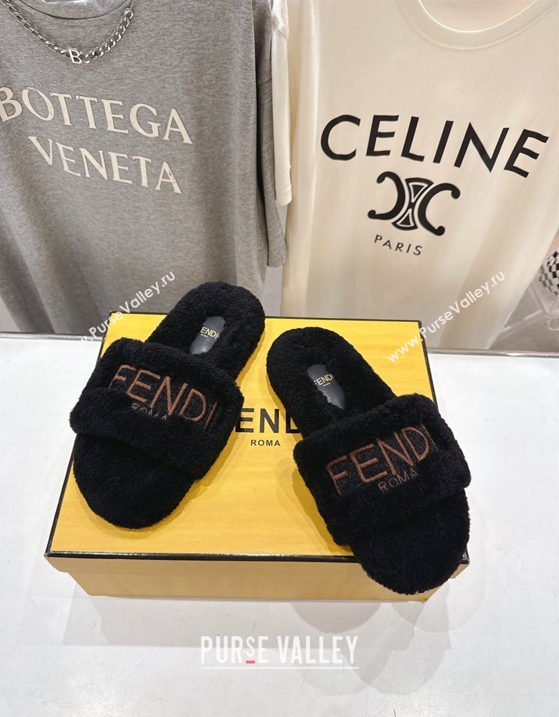 Fendi Shearling Flat Slides Sandal Black 2025 FE0820 (MD-250822139)