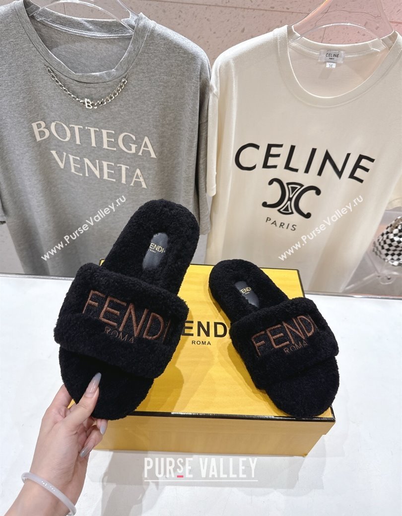 Fendi Shearling Flat Slides Sandal Black 2025 FE0820 (MD-250822139)