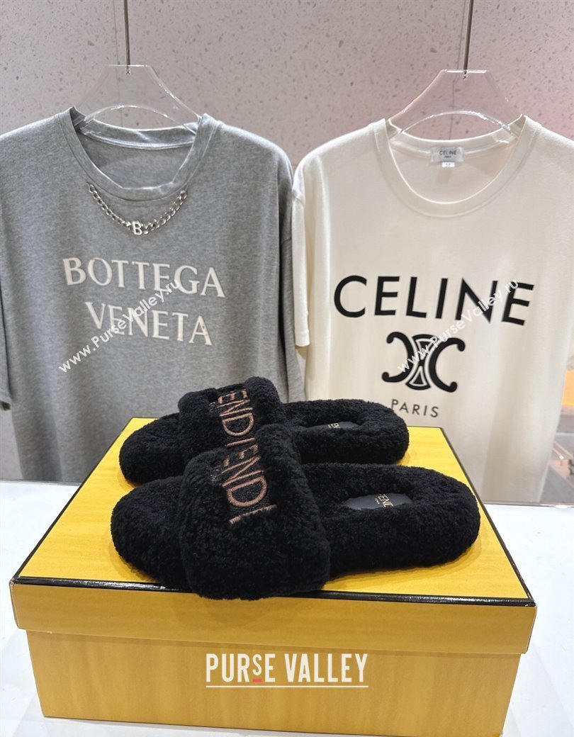 Fendi Shearling Flat Slides Sandal Black 2025 FE0820 (MD-250822139)