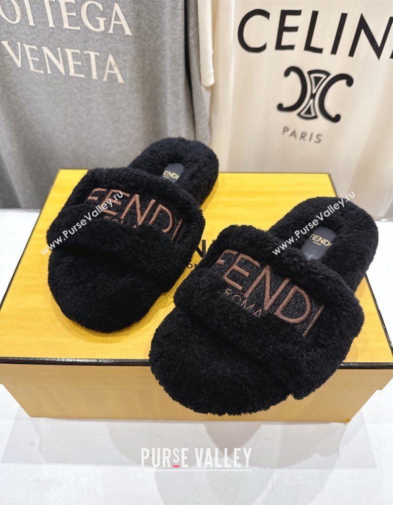 Fendi Shearling Flat Slides Sandal Black 2025 FE0820 (MD-250822139)