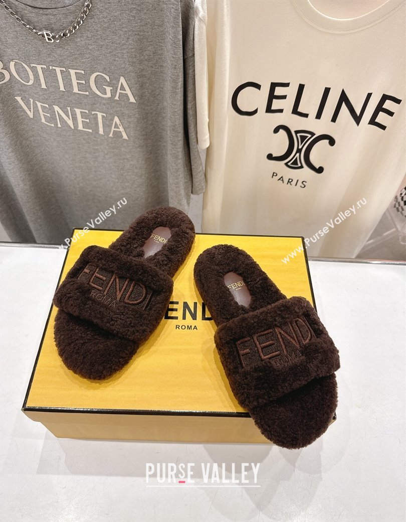 Fendi Shearling Flat Slides Sandal Dark Brown 2025 FE0820 (MD-250822140)