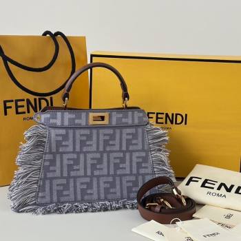 Fendi Peekaboo ISeeU Petite Bag in Blue denim-effect FF jacquard with fringes 2025 8682 (CL-250930003)