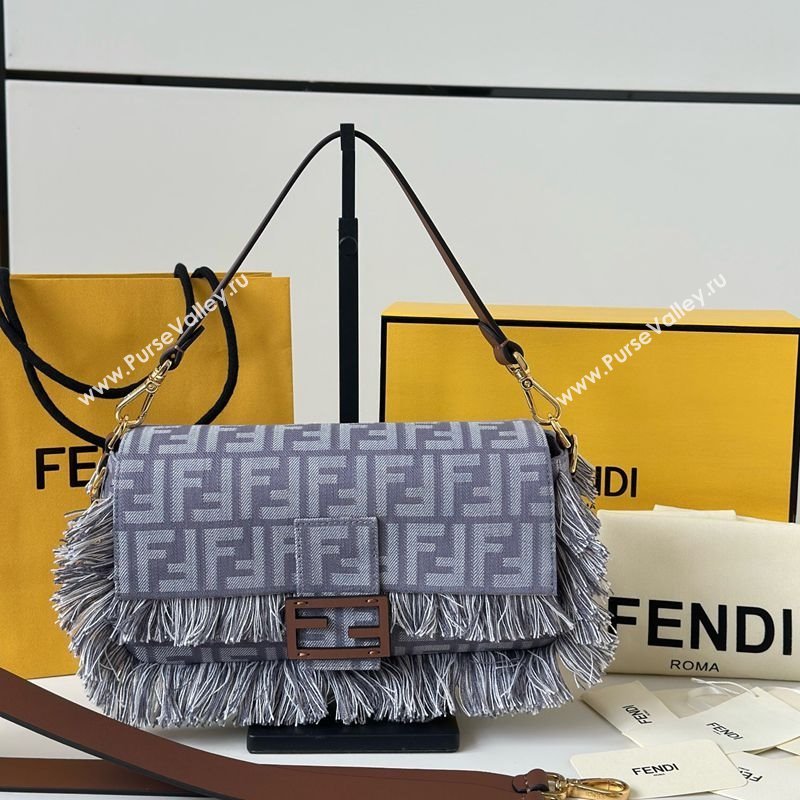 Fendi Baguette Bag in Blue denim-effect FF jacquard with fringes 2025 8681 (CL-250930004)
