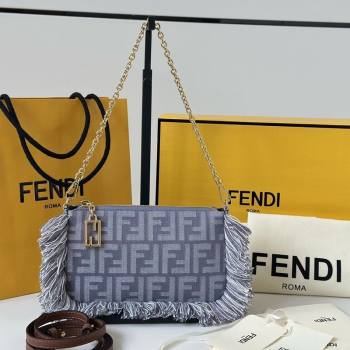 Fendi Baguette Pouch Mini Bag in Blue denim-effect FF jacquard with fringes 2025 073D (CL-250930005)
