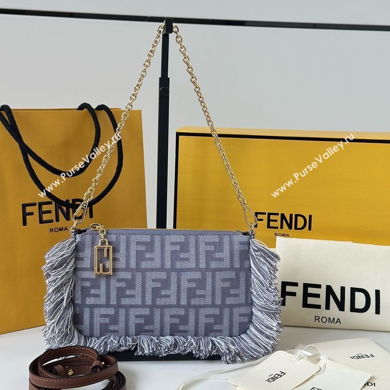 Fendi Baguette Pouch Mini Bag in Blue denim-effect FF jacquard with fringes 2025 073D (CL-250930005)