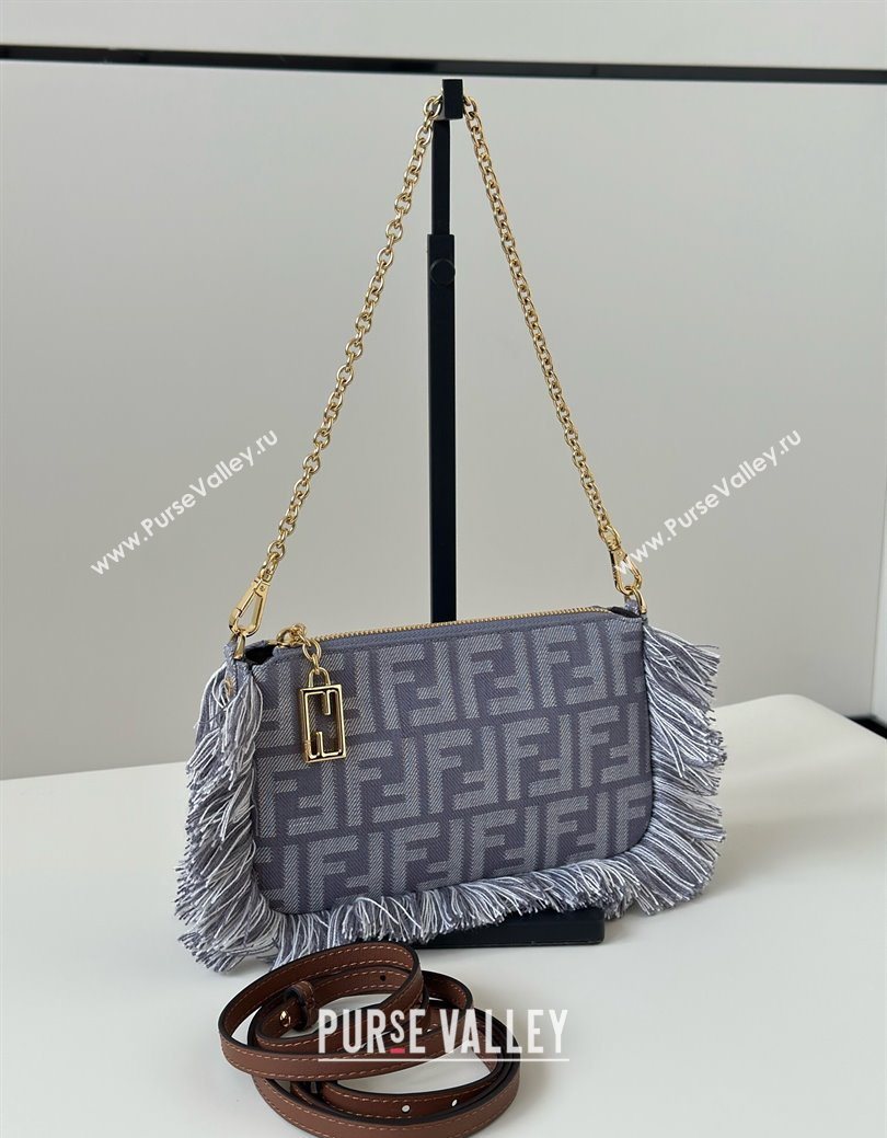Fendi Baguette Pouch Mini Bag in Blue denim-effect FF jacquard with fringes 2025 073D (CL-250930005)
