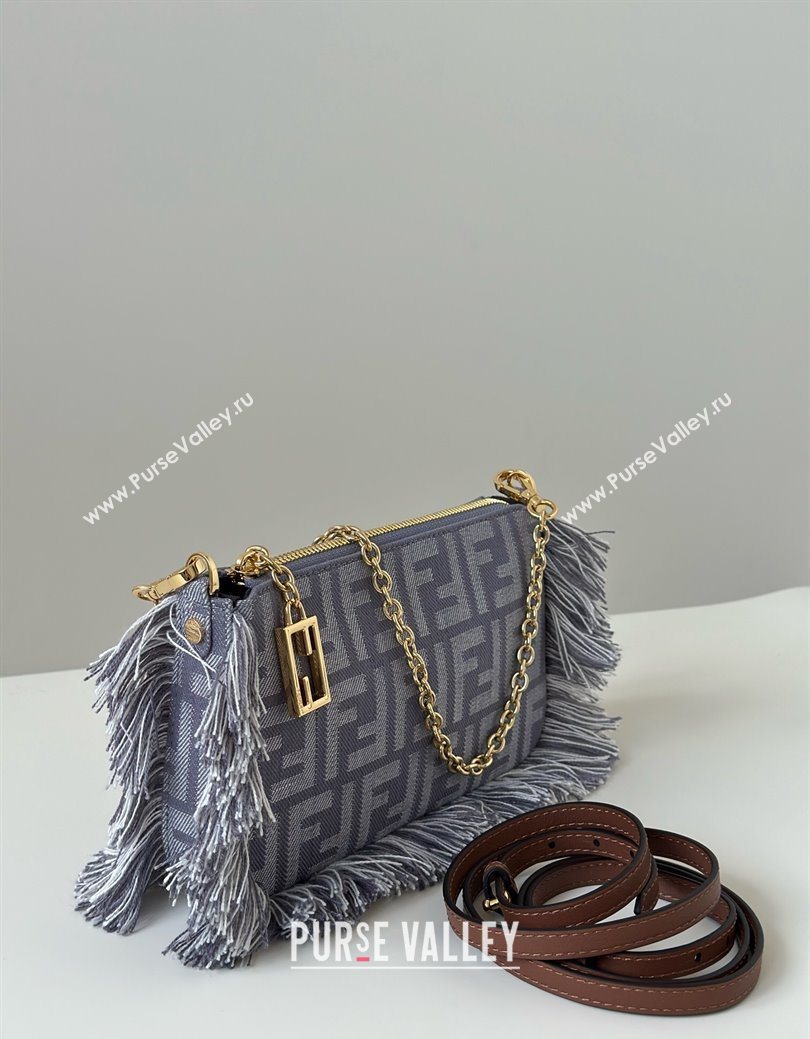 Fendi Baguette Pouch Mini Bag in Blue denim-effect FF jacquard with fringes 2025 073D (CL-250930005)