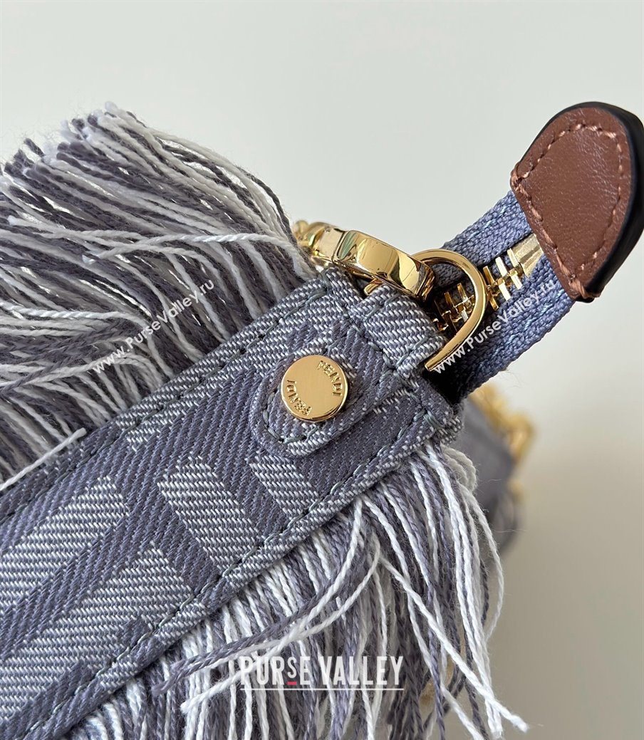 Fendi Baguette Pouch Mini Bag in Blue denim-effect FF jacquard with fringes 2025 073D (CL-250930005)